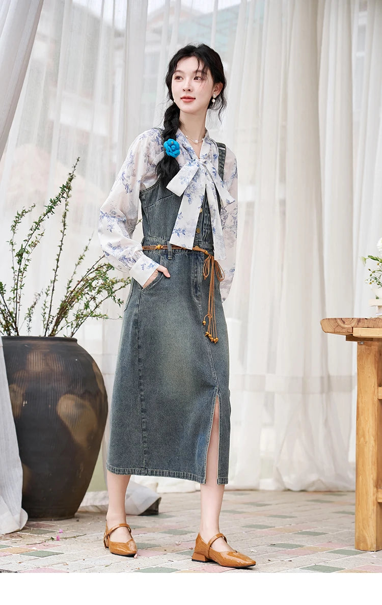 MISHOW Retro Denim Strap Pocket Midi Dress MXD14L1817