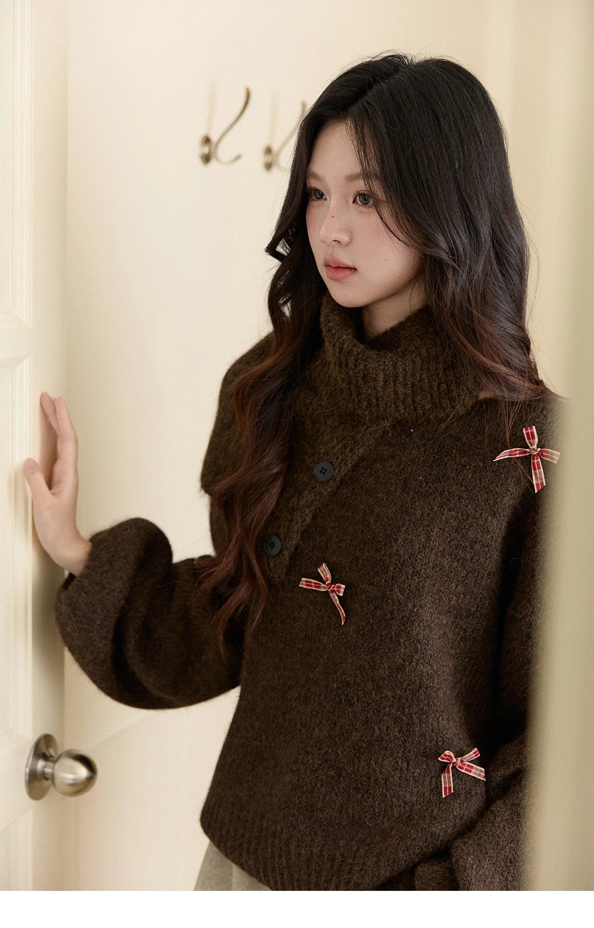 Mishow French Plaid Bow Detachable Shawl Collar Sweater MXE93Z2946