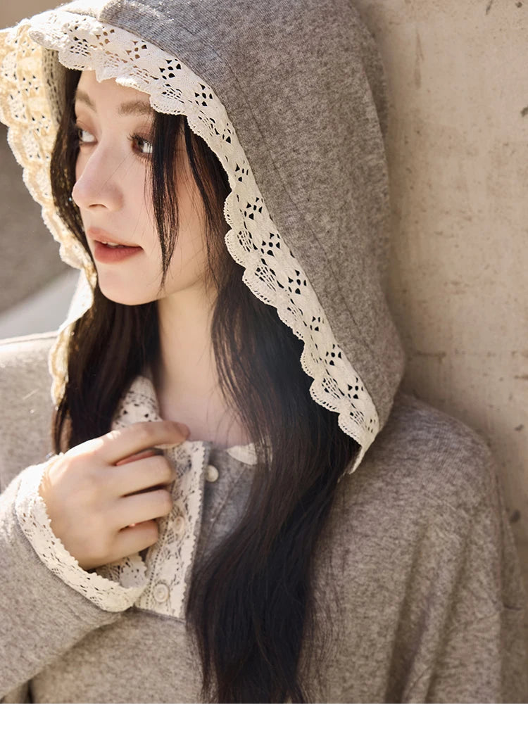Mishow Lace Splicing Hooded Sweatshirt & Wide Leg Pants Set MXD34V0098