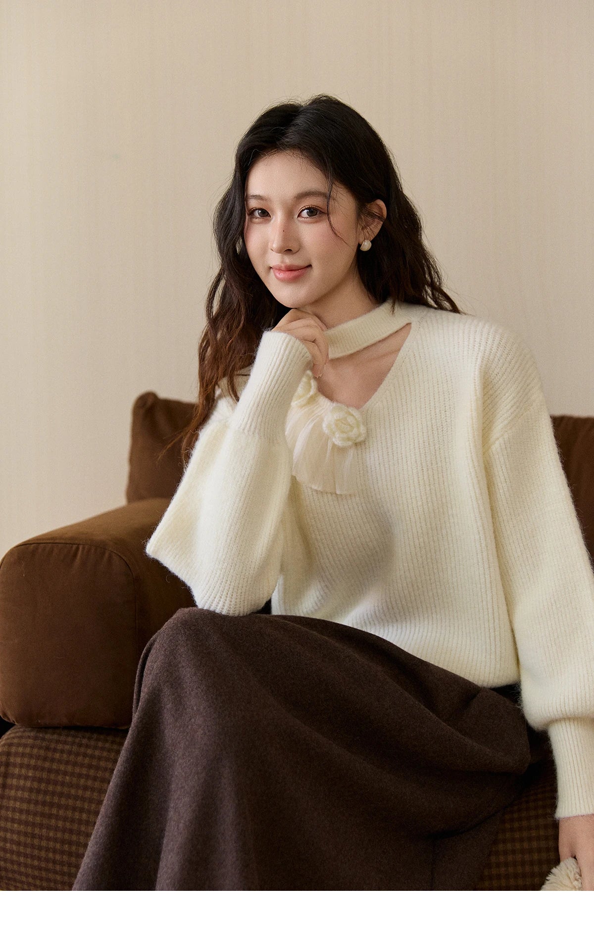 Mishow Cutout Neck Ruffle Flower Lantern Sleeve Pullover MXE94Z2982