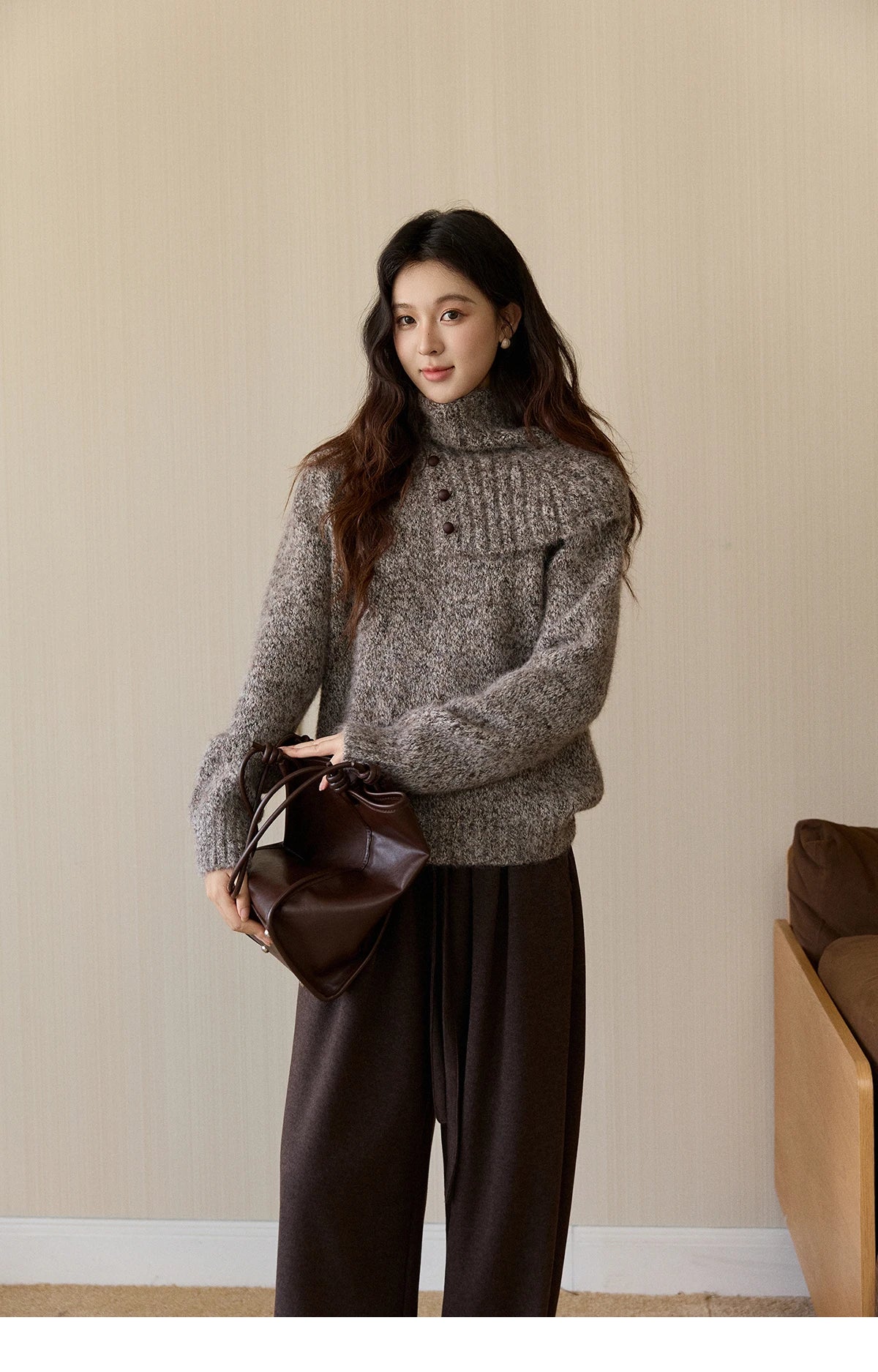 Mishow Gray Textured Button Sweater with Neckwear Scarf MXE94Z2978