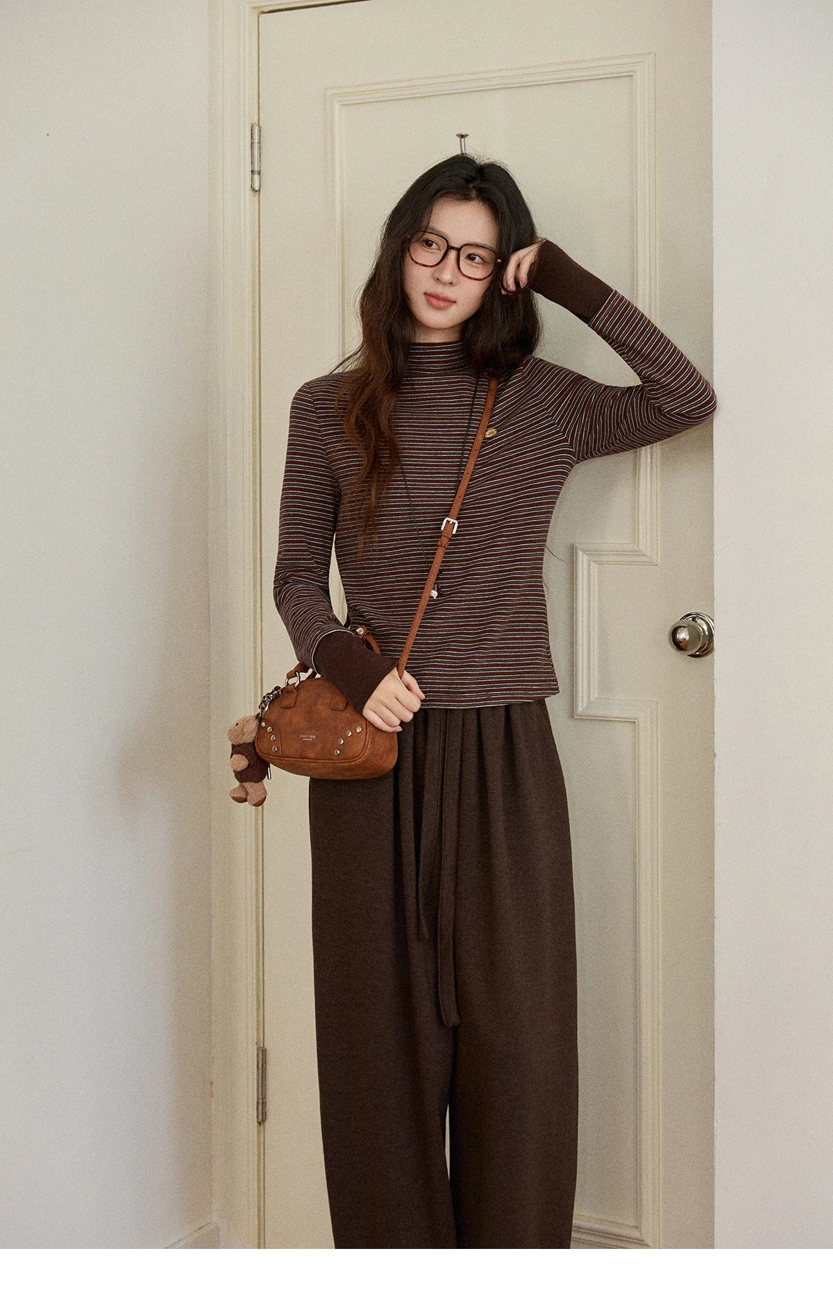 MISHOW Brown Wide-Leg Pants Thickened Drawstring Waistband MXE87K1126