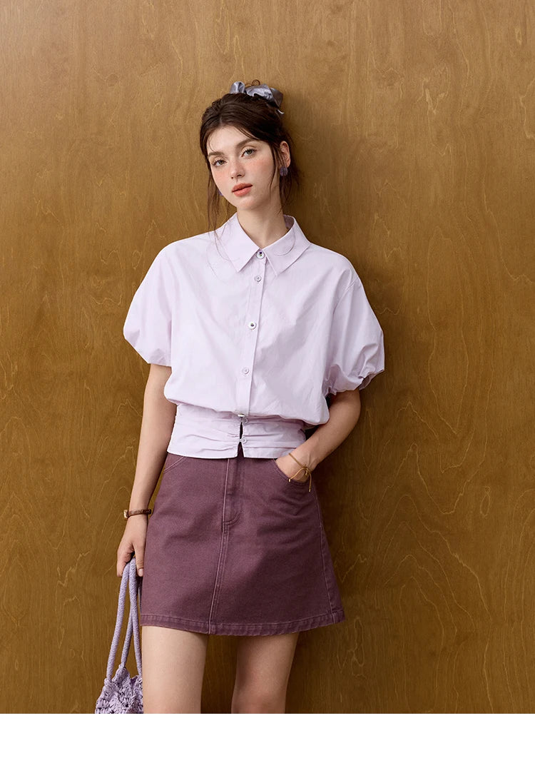 MISHOW Purple Cotton Blouse Turn-Down Collar Short Sleeve MXE32X1794