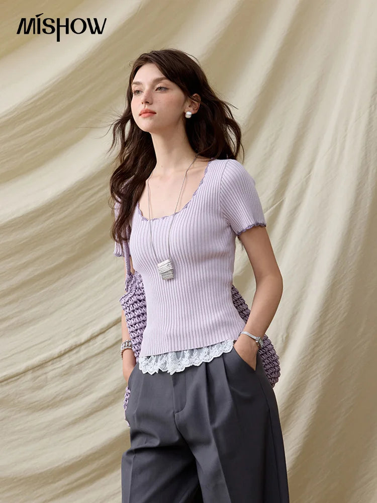 Mishow Office Lady Lace Collar Contrast Hook Top MXE33Z1218