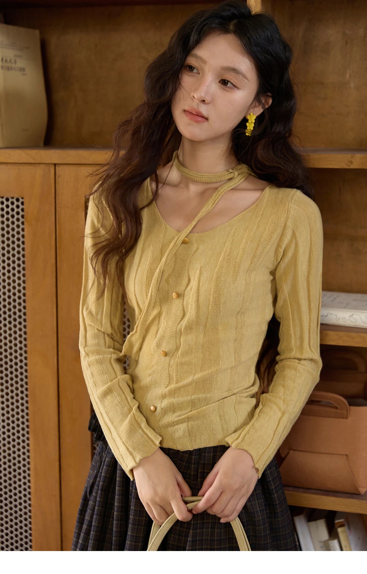 Mishow French Slim Scoop Neck Draped Tie Pullover MXE42Z1322