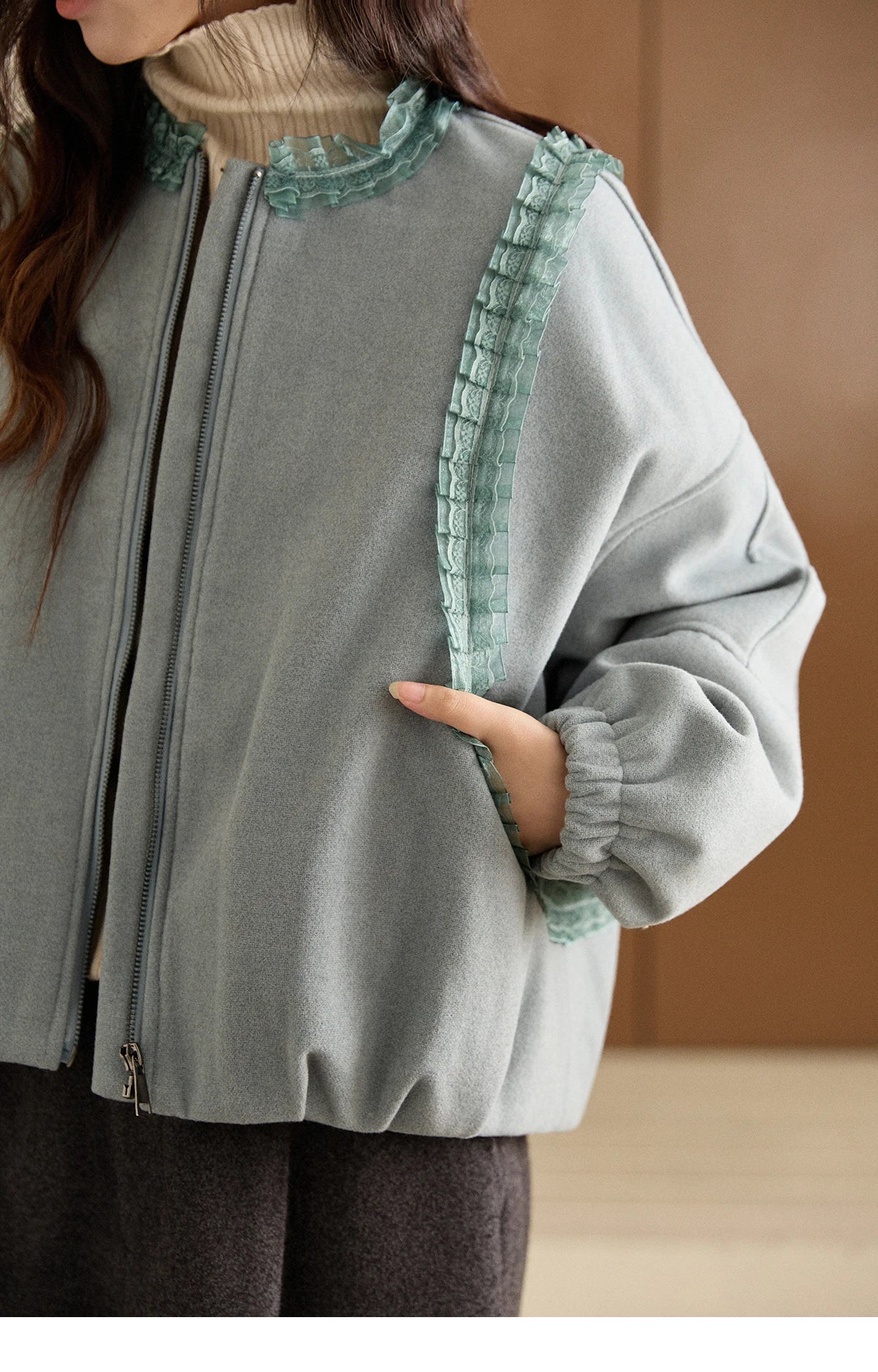 Mishow Light Blue Lace Trim Puff Sleeve Down Coat MXE94W1048
