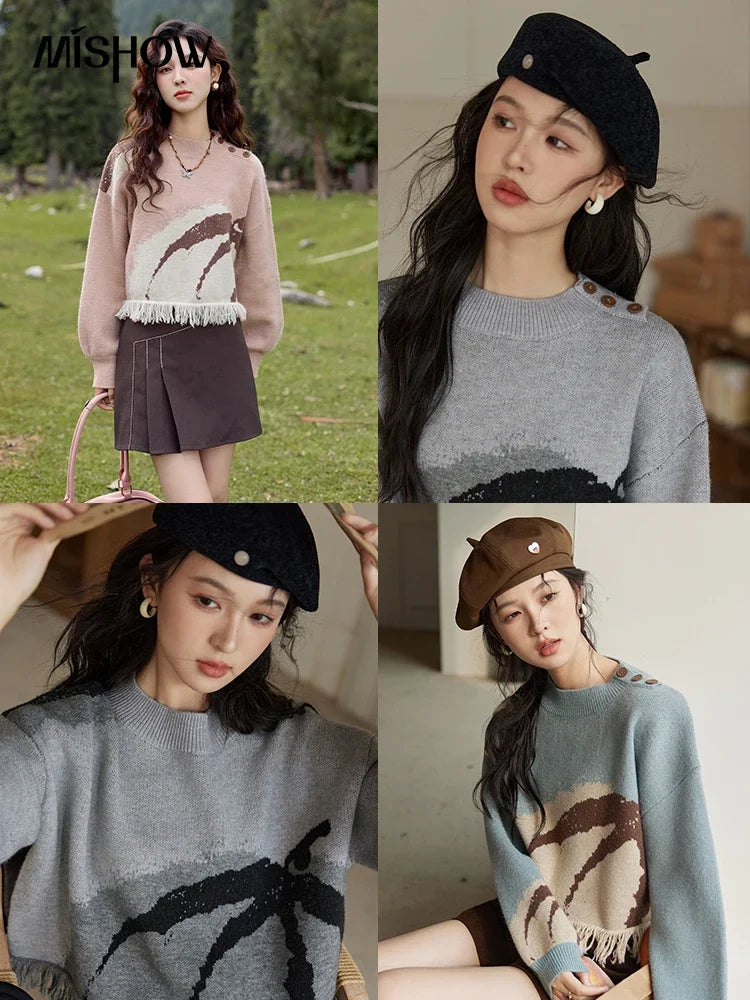 Mishow Tassel Half High Neck Lantern Sleeve Pullover MXD43Z0680