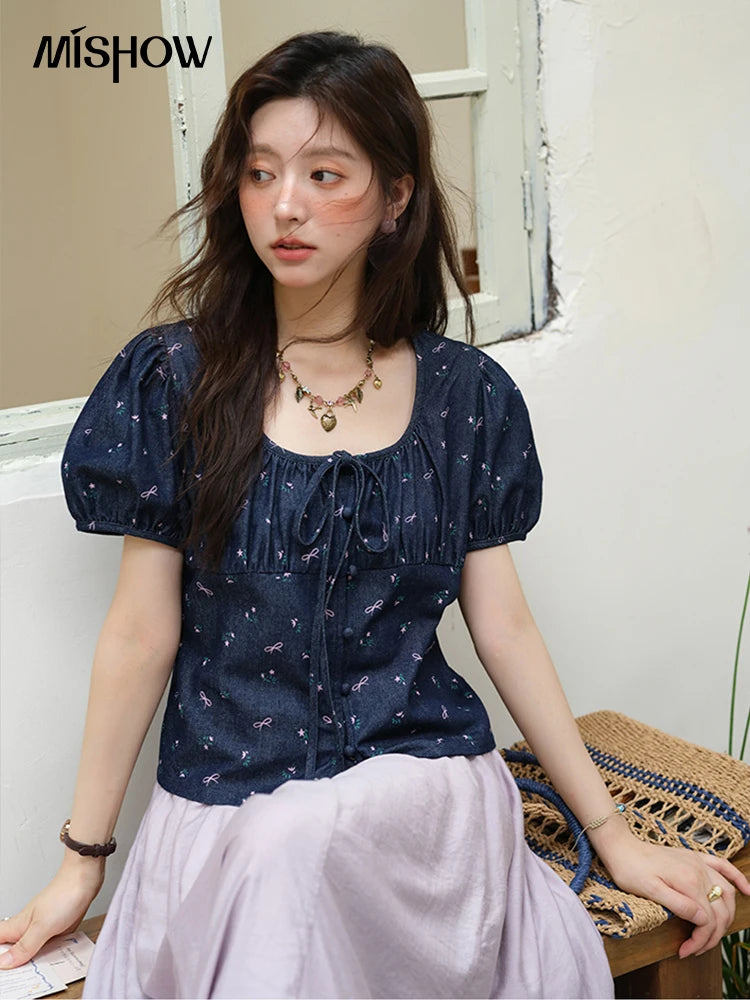 MISHOW Puff Sleeve Square Neck Blouse Lace Up Print Denim MXE39X1933