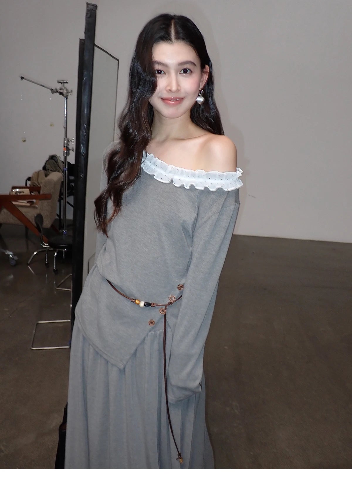 Mishow Grey Off-Shoulder Lace Trim Top & Maxi Skirt Set MXF13T1479