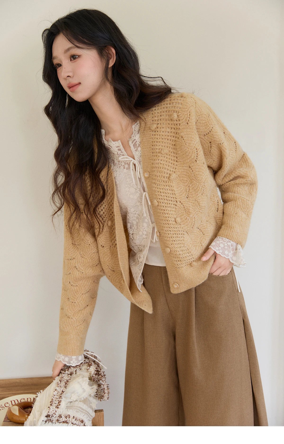 Mishow Hollow-out V-Neck Bobble Knit Cardigan MXF108Z1020
