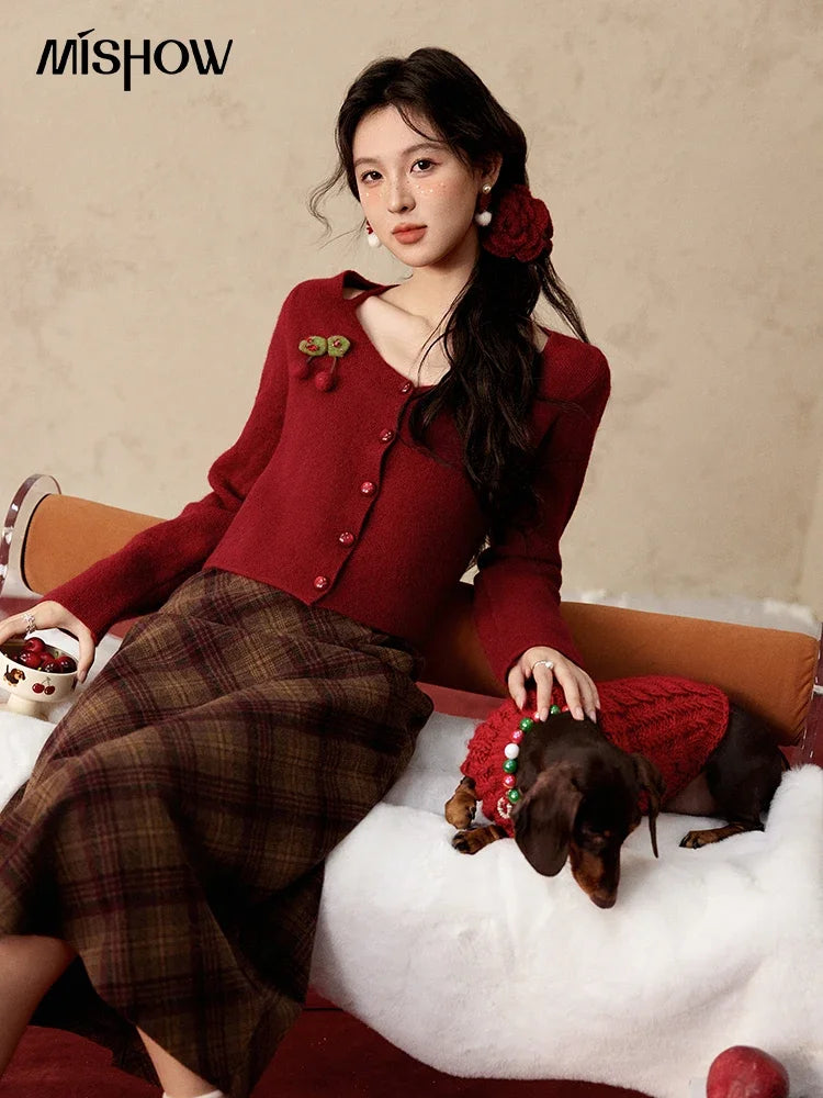 Mishow Red Cherry Ornament Slim V-Neck Cardigan MXD112Z1006
