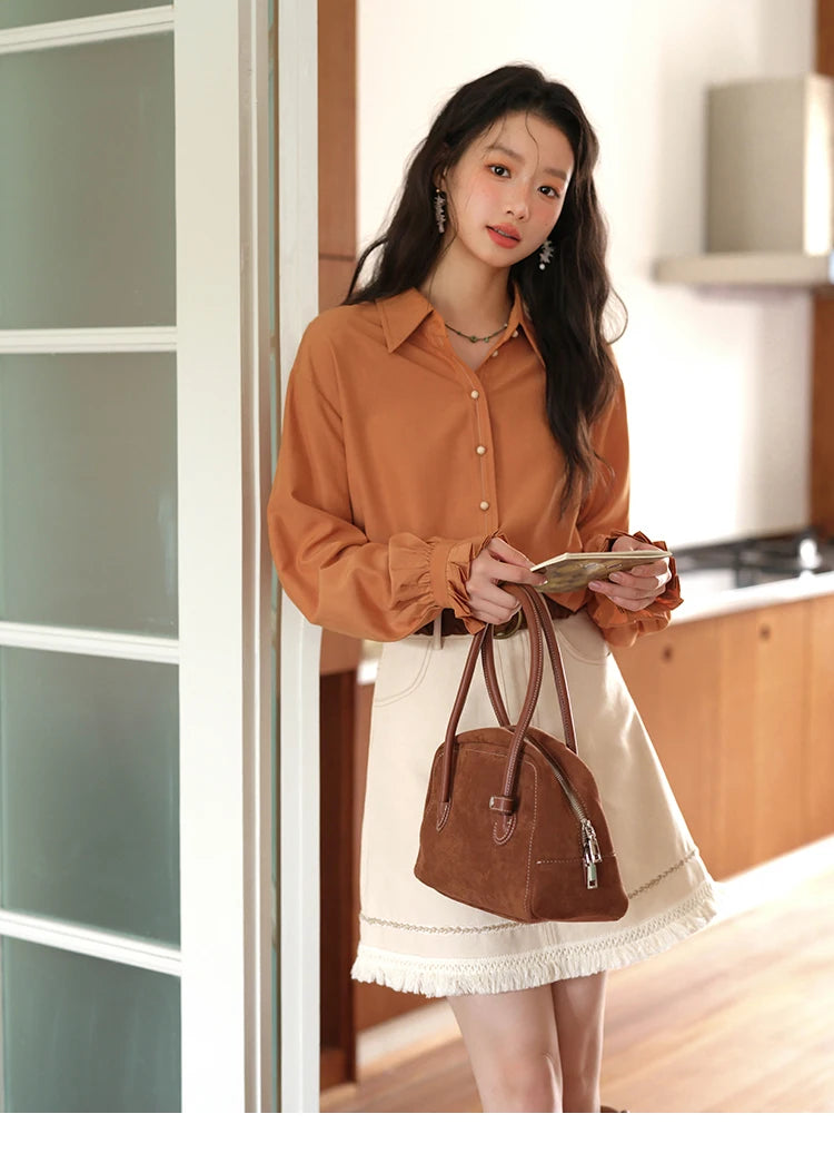 MISHOW Women's Color Block Shirt Pleated Cuffs Lapel Top MXE41C2352