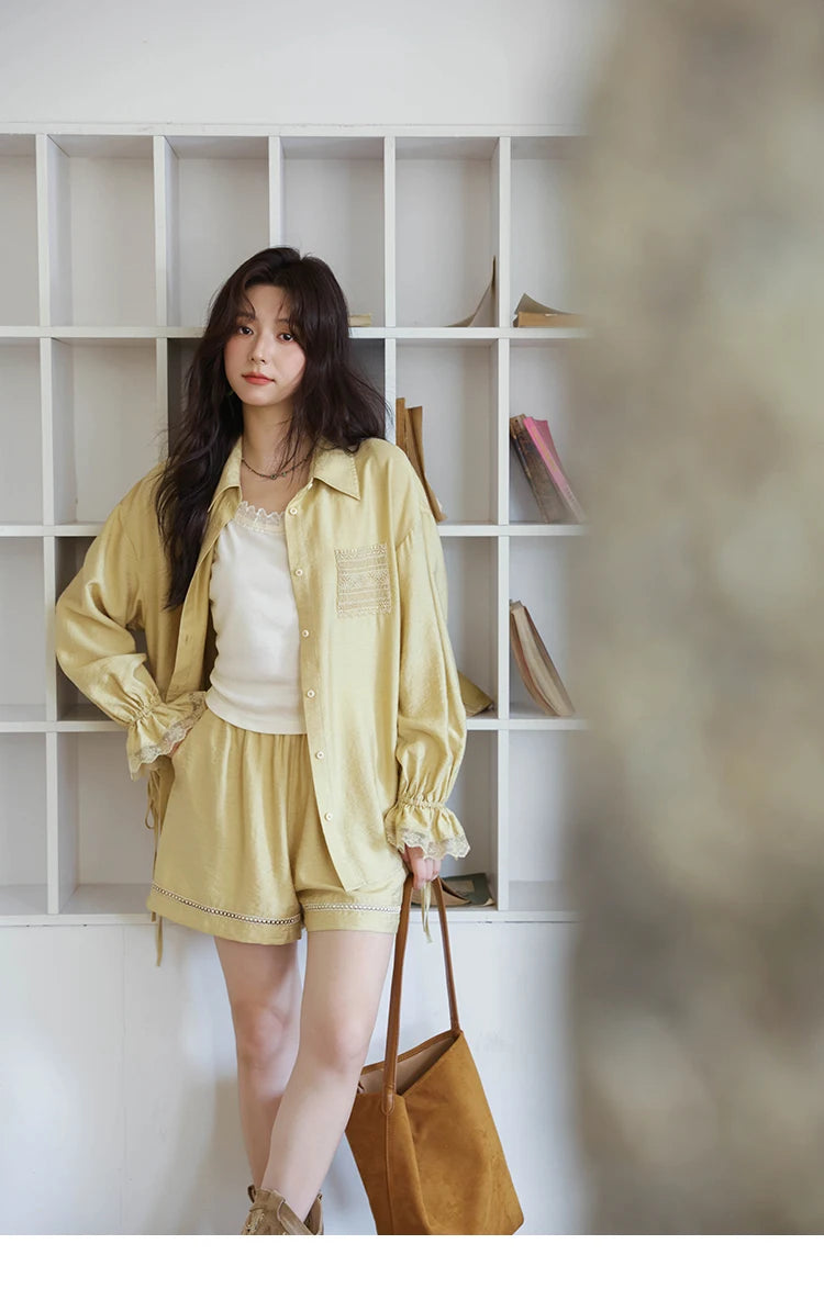 Mishow Yellow Linen Lace Shirt & Camisole & Shorts Three-Piece Set MXE42T0718