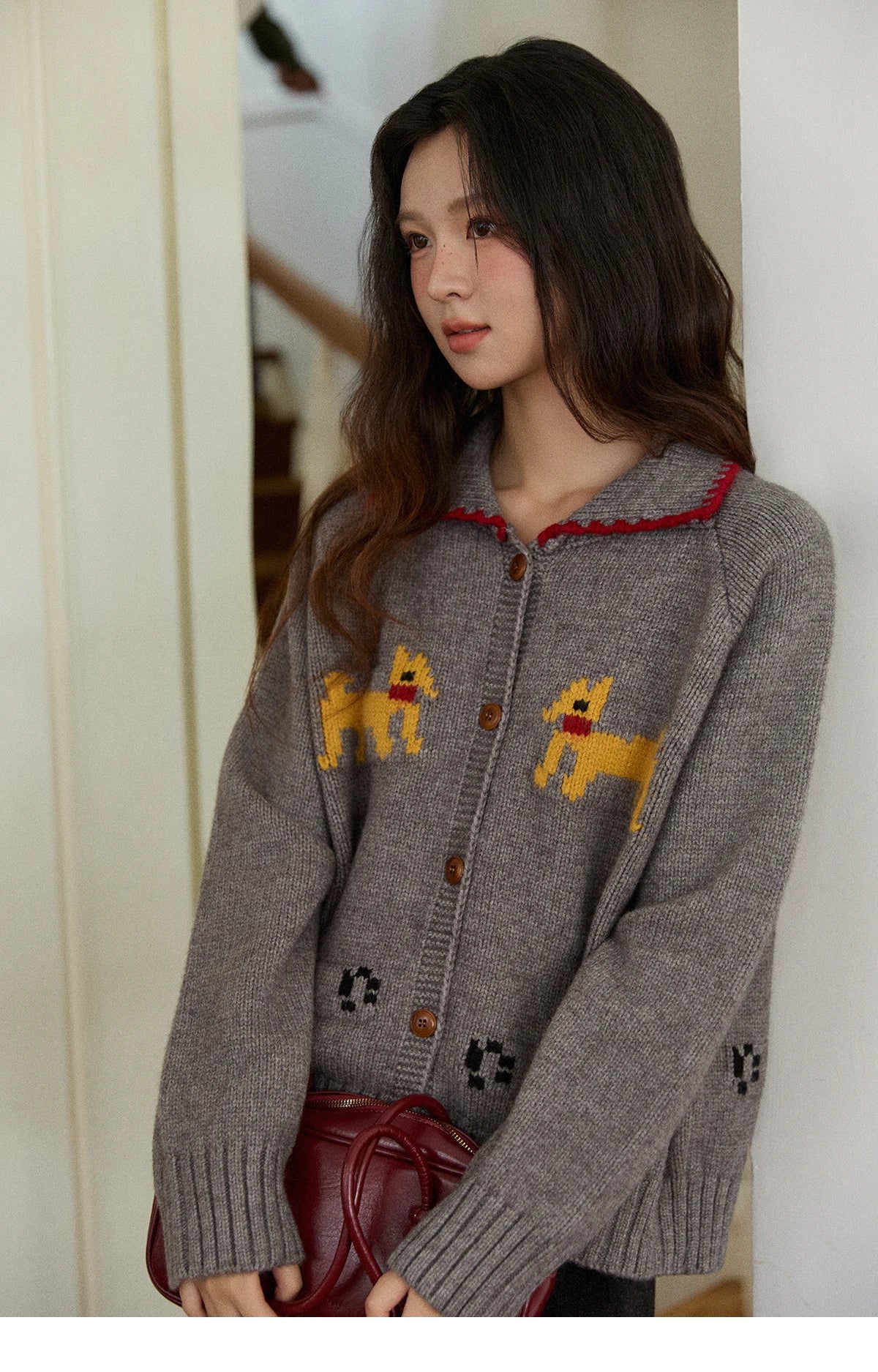 Mishow Dog Cartoon Jacquard Turn-Down Cardigan MXE86Z2727