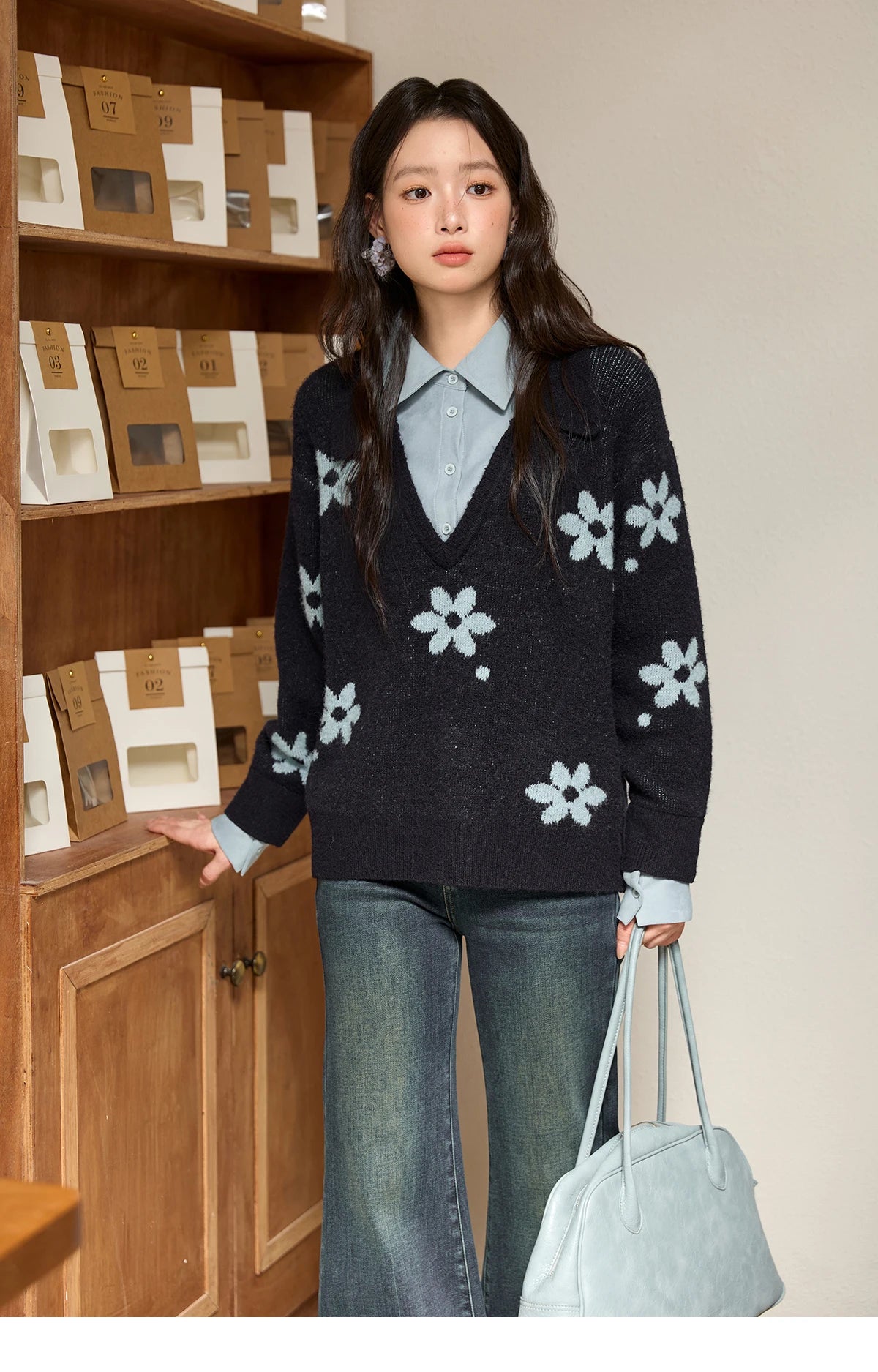 Mishow Dark Blue Fake Two-Piece Turn-Down Collar Sweater MXE51Z2554