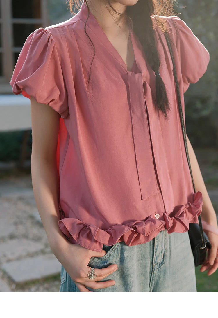 MISHOW V-Neck Puff Sleeve Blouse Lace Up Button Sweet MXE38X1914