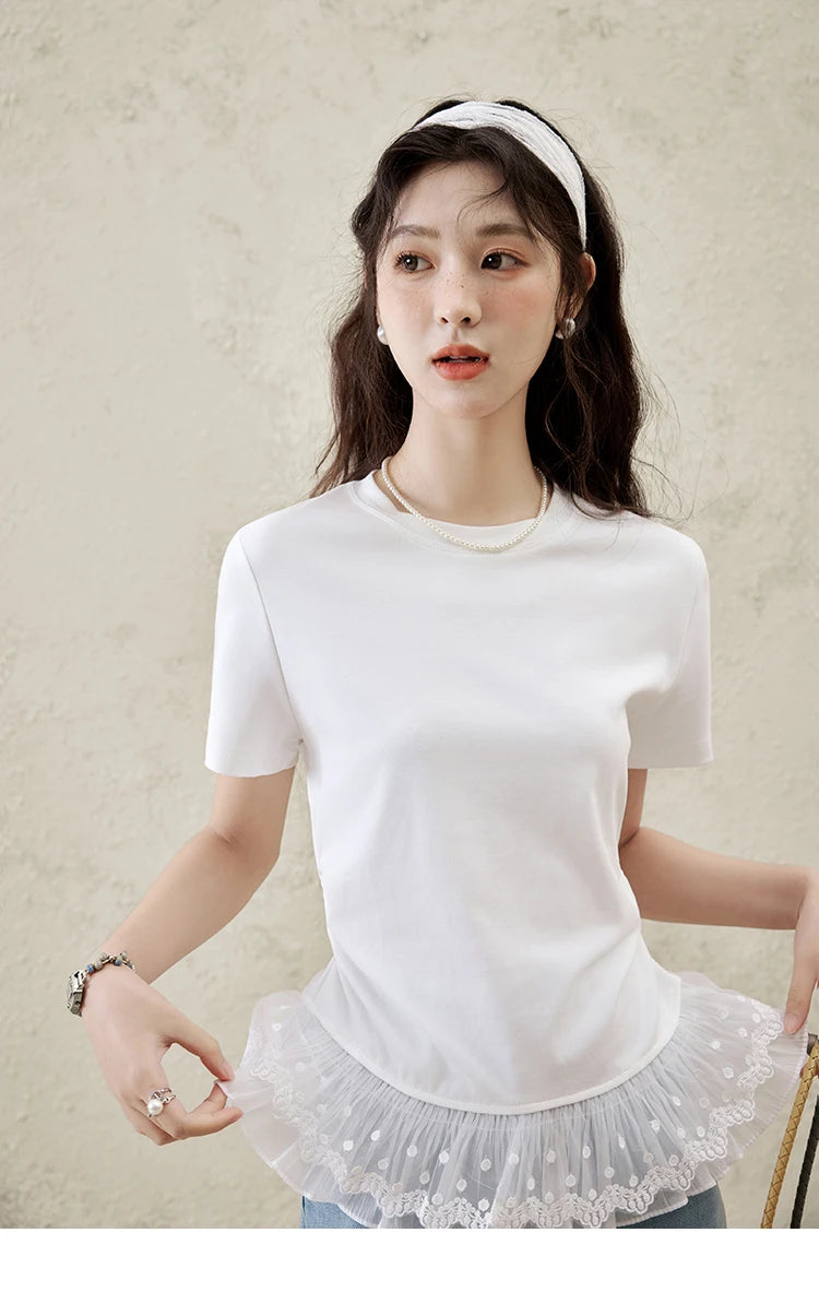 Mishow Lace Hem Splicing Round Neck Tee MXE31T0528