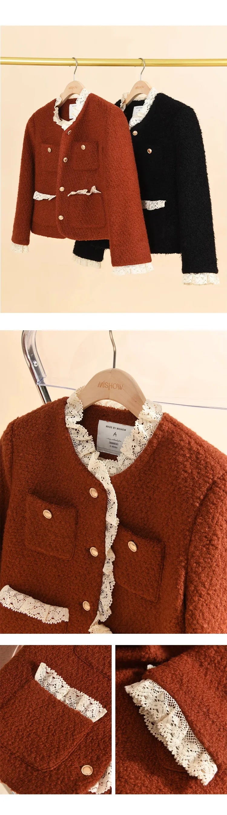 MISHOW Wool Coat Lace Splicing Lamb Wool Button Pockets MXB43W0720