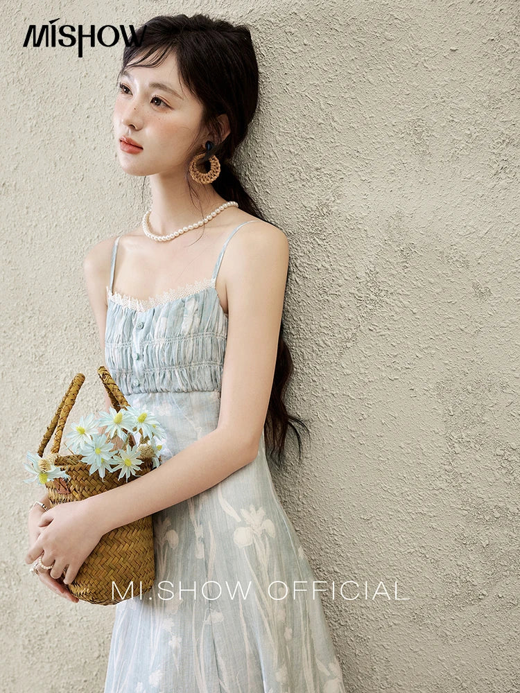 Mishow Print Square Collar Sleeveless Suspender Dress MXE16L2127