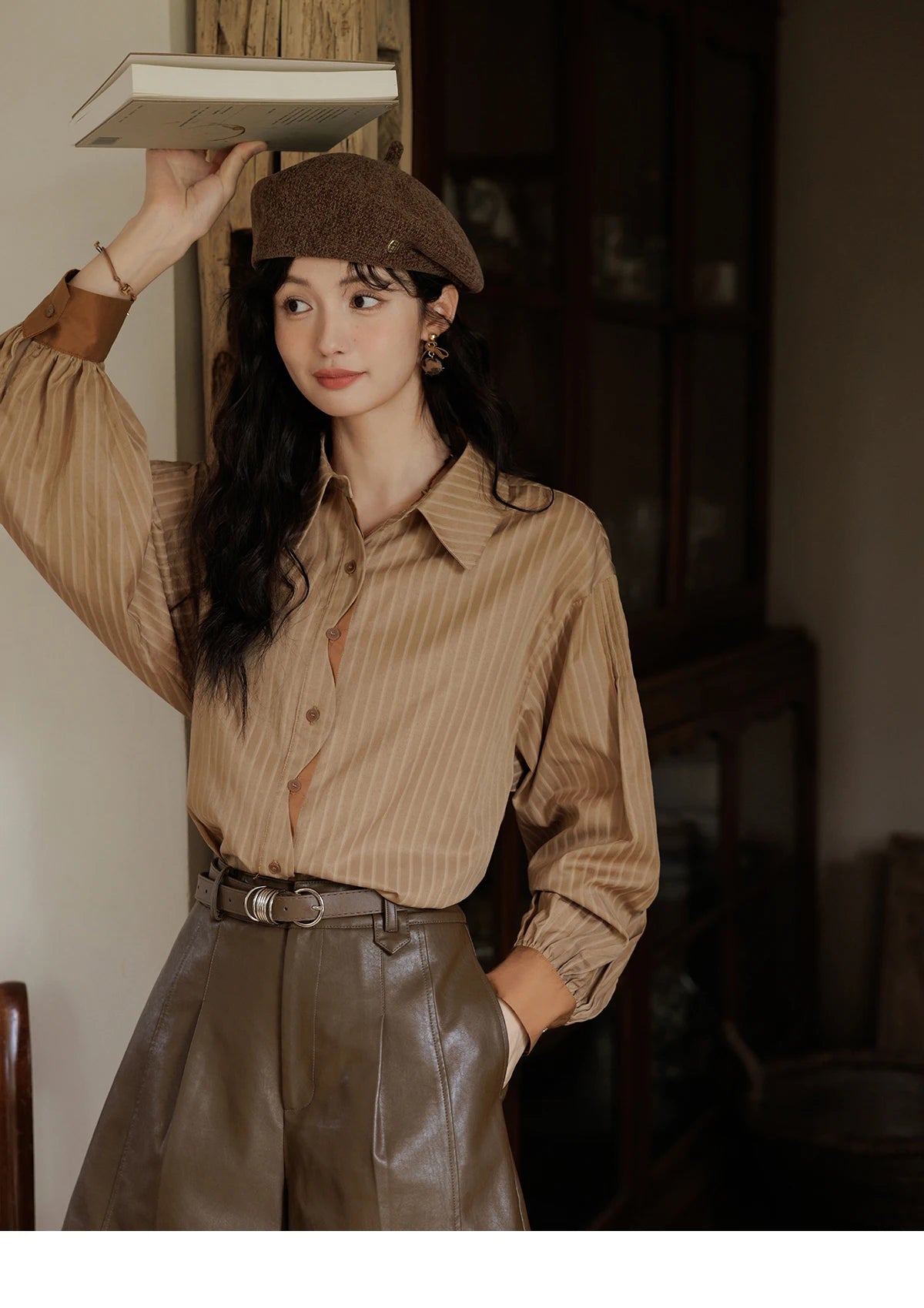 MISHOW Women's Striped Casual Shirt Retro Lapel Contrasting Cuffs MXD42C0301