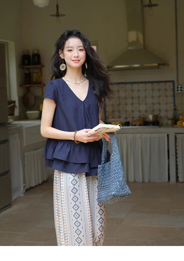 Mishow Lotus Leaf Edge V-Neck Blouse & Geometric Wide Leg Pants Set MXE39T0670