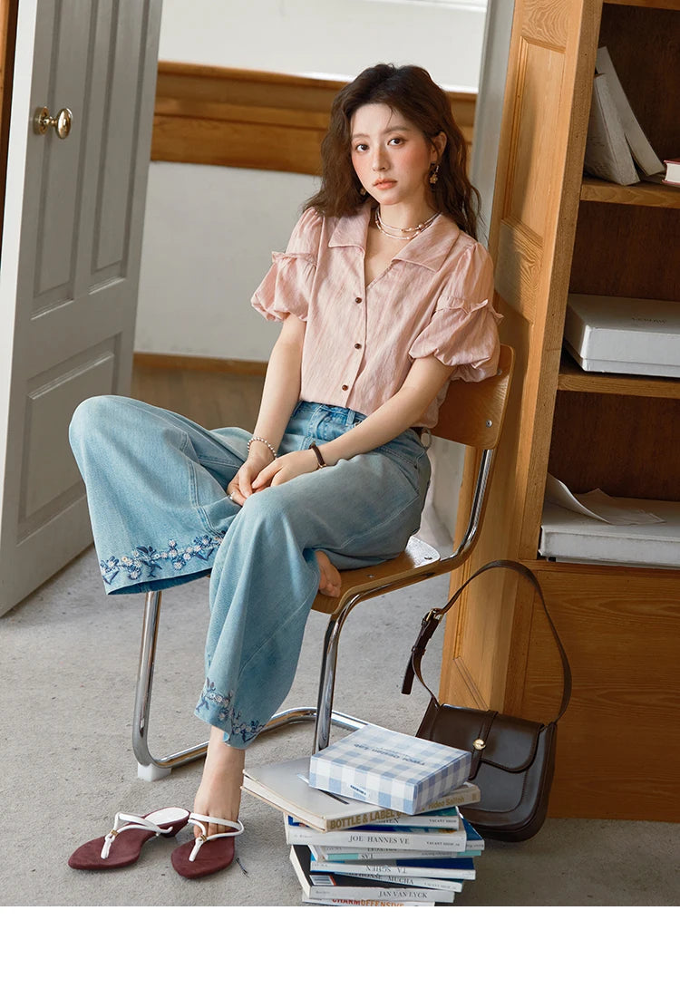 MISHOW Puff Sleeve Striped Shirt Turn-Down Collar Retro MXE37C0808