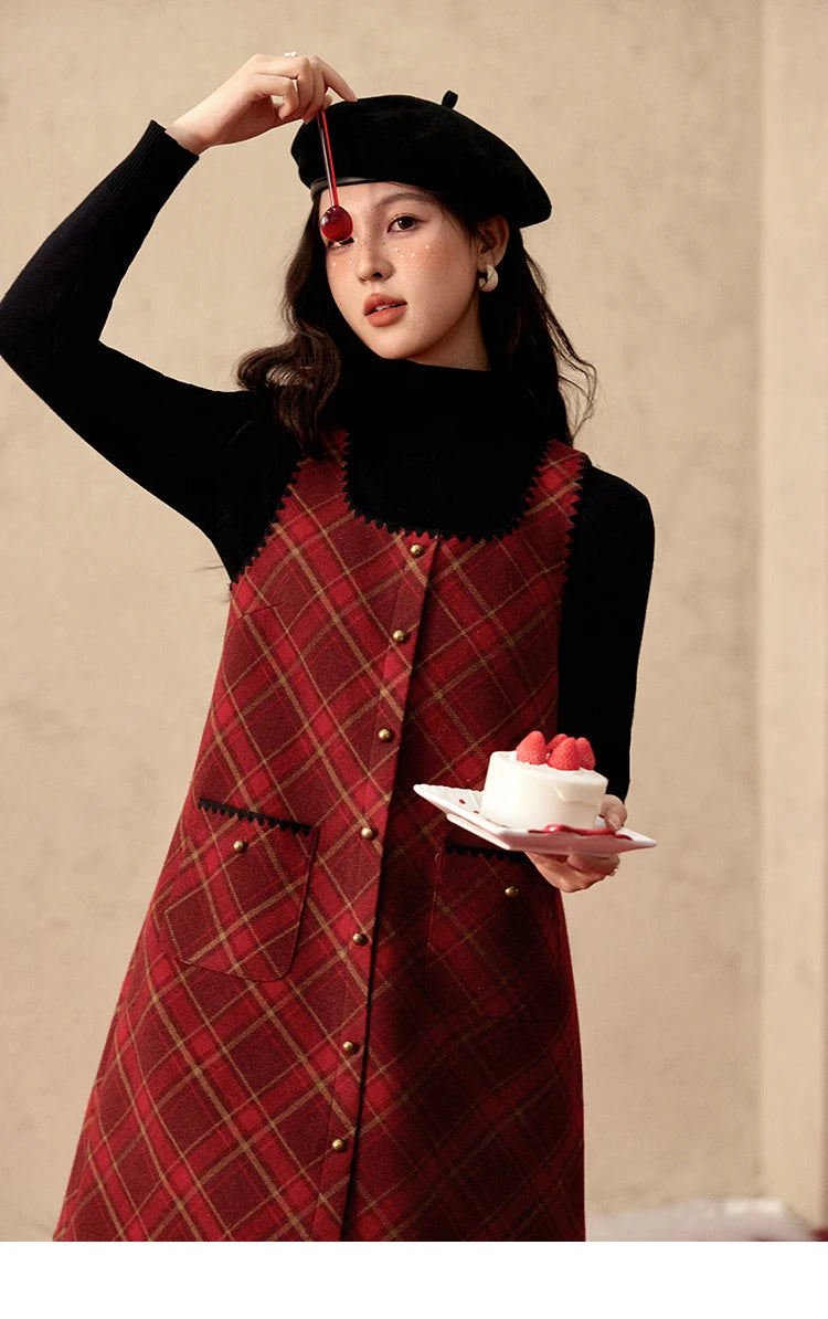 Mishow Plaid Square Neck Woolen Vest Dress MXD58L2078