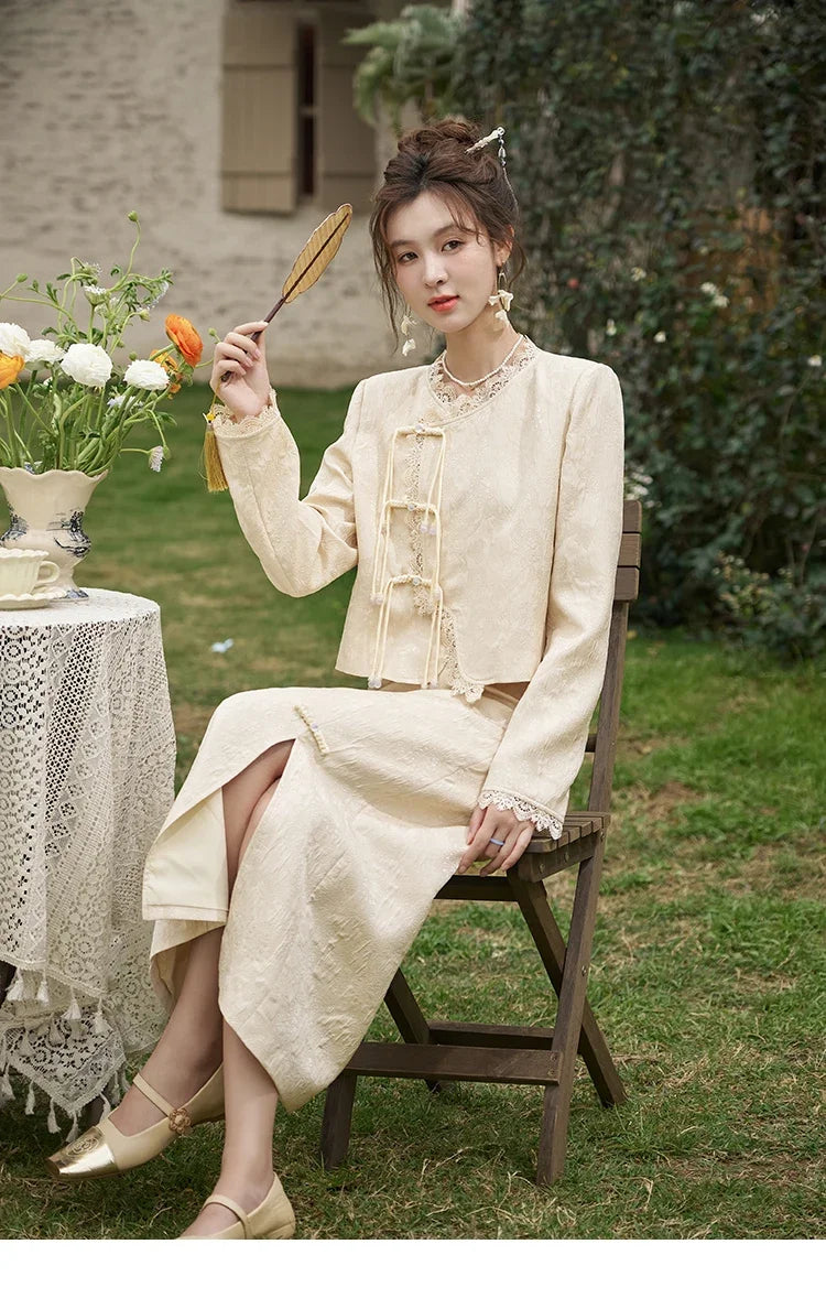 Mishow Chinese Lace Edge Jacket & Front Split Midi Skirt Set MXD15W0370