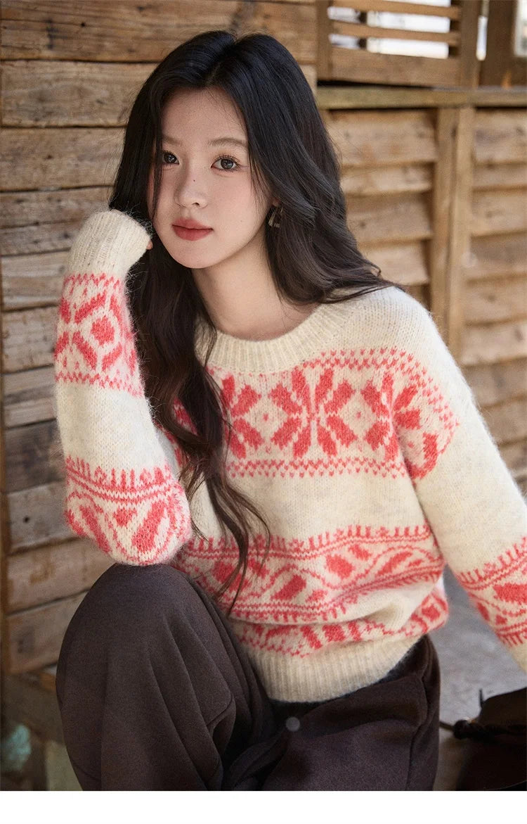 Mishow Christmas Beige White Geometric Jacquard Sweater MXE93Z2938