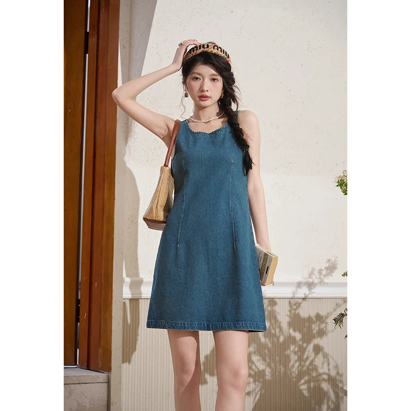 Mishow Retro Chinese Buckle Denim Vest Dress MXD14L1771