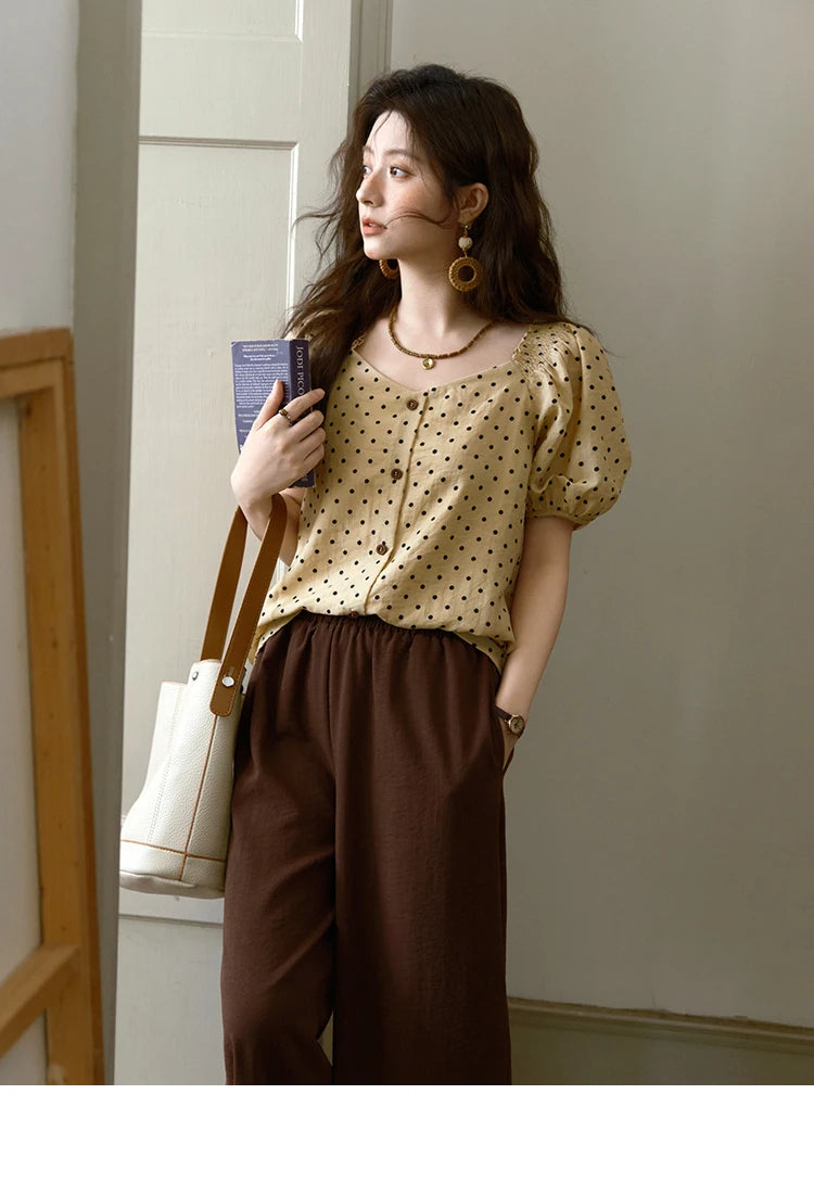 MISHOW Polka Dot Puff Sleeve Blouse V-Neck Button MXE37X1859