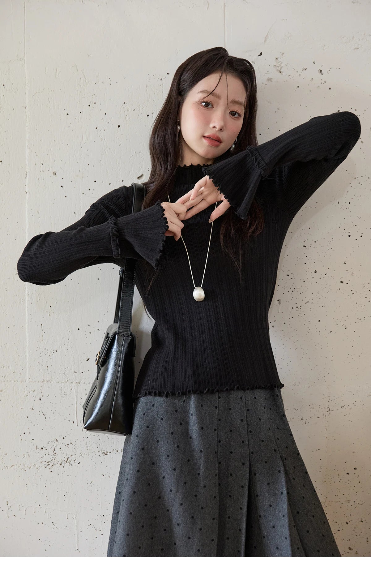 Mishow Turtleneck Wood Ear Trumpet Sleeve Top MXE51Z2552