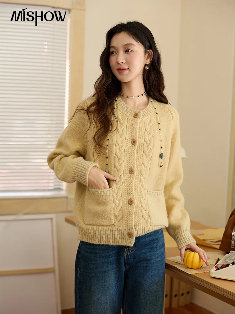 Mishow Yellow Cable Knit Hand-Drawstring Cardigan MXE47Z2566