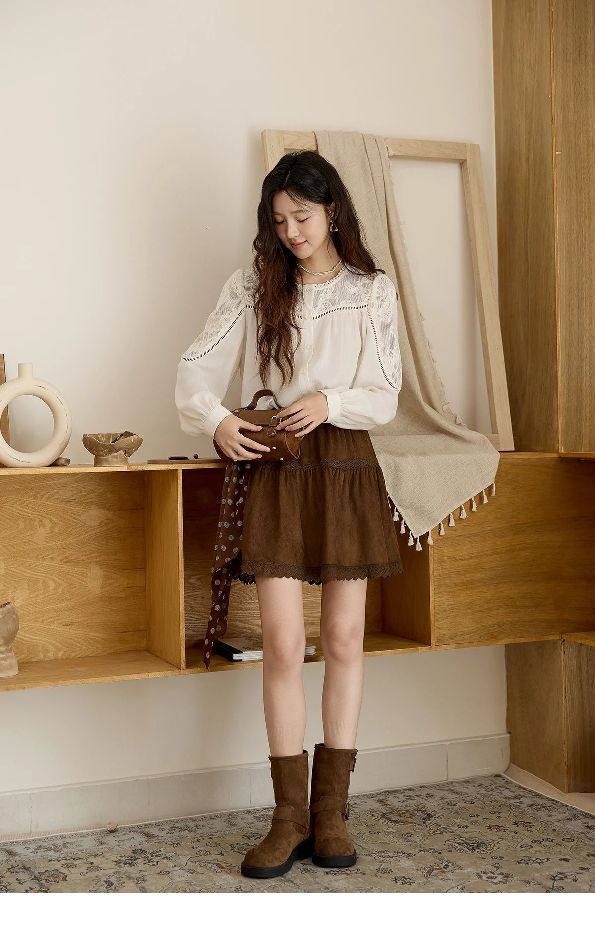MISHOW Beige Hollow Out Embroidery Shirt O-Neck MXE44X2498