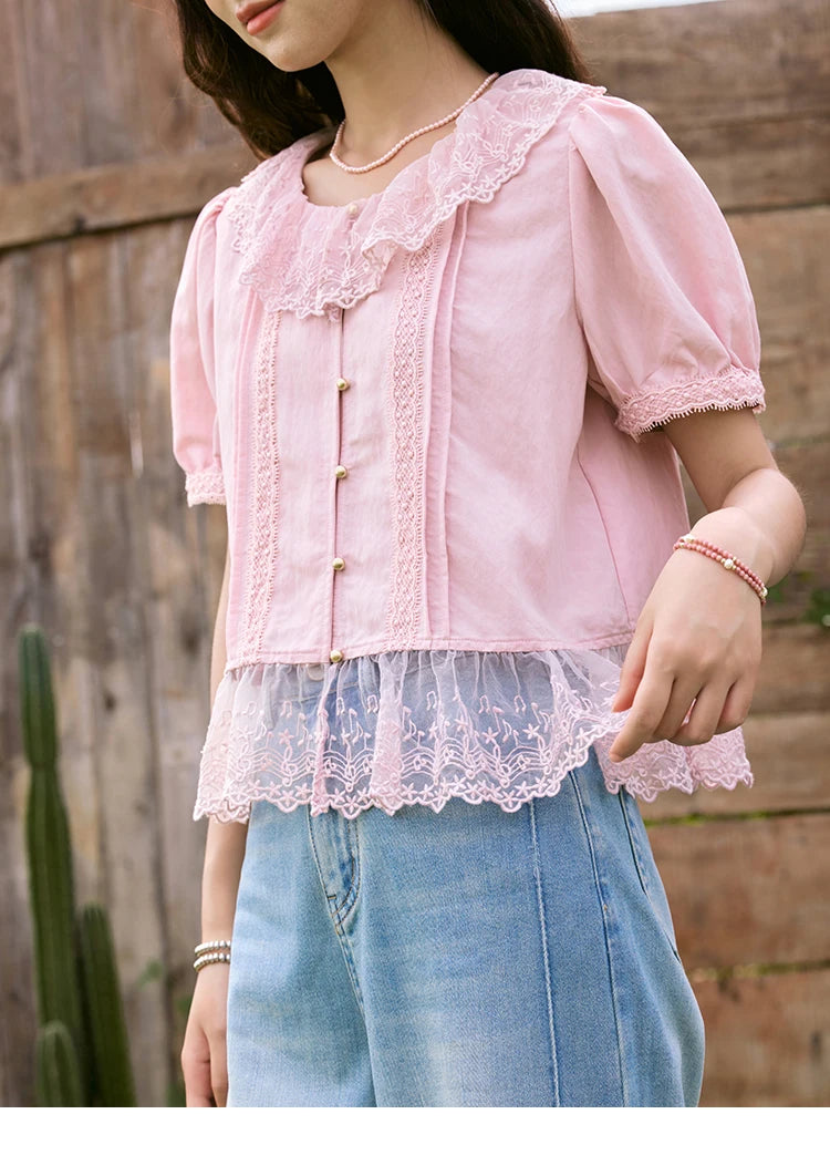MISHOW Pink Spliced Lace Round Neck Blouse Metal Buttons MXE32X1768