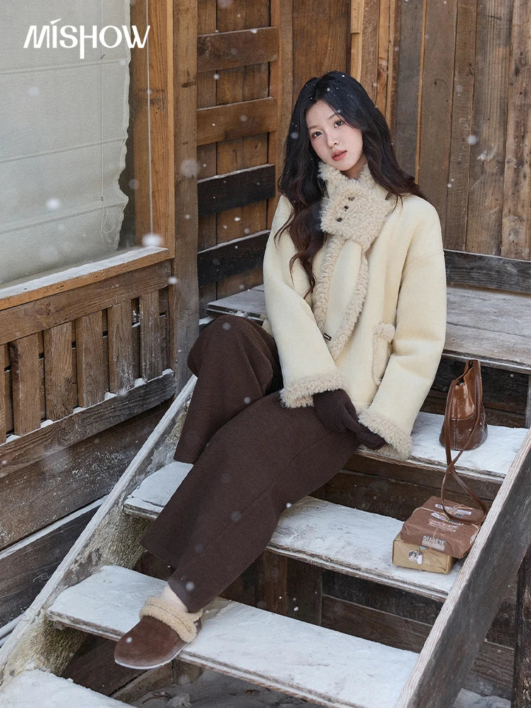 Mishow Cream Yellow Faux Suede Coat with Matching Scarf MXE91W1019