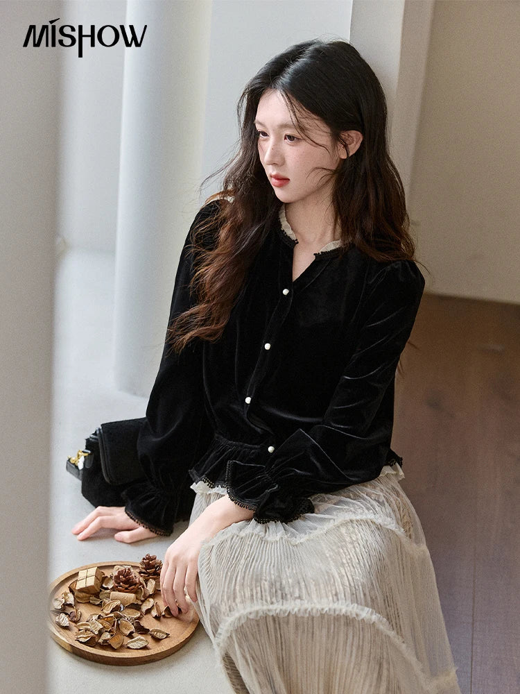 Mishow Black Velvet Lace Pearl Button Puff Sleeve Shirt MXE94X2516