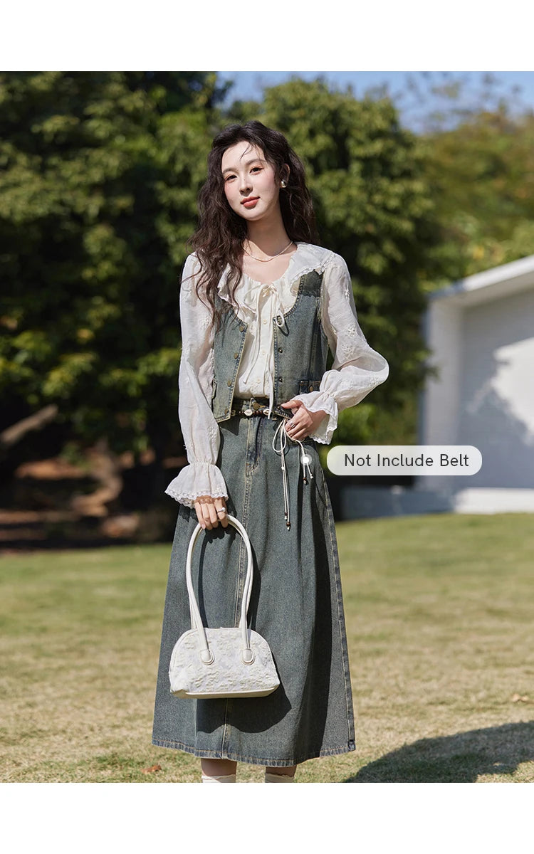 Mishow Korean Denim Vest Coat & Slim A-Line Midi Skirt Set MXE13W0731