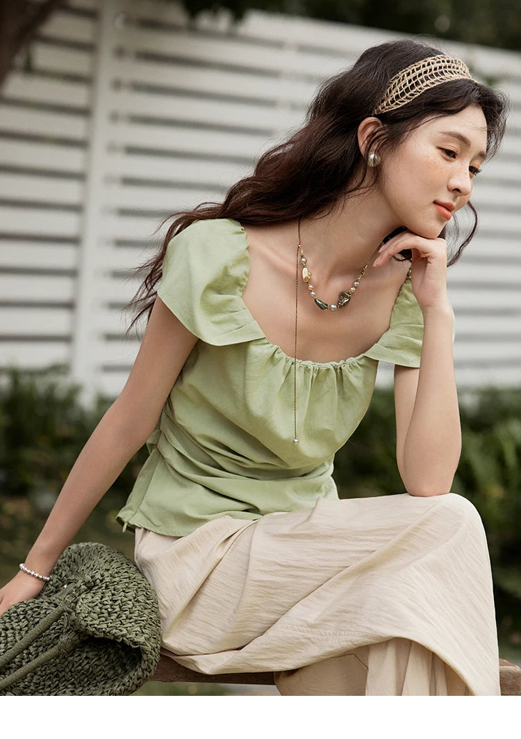 MISHOW Short Flying Sleeve Blouse Square Collar Slimming MXE34X1804