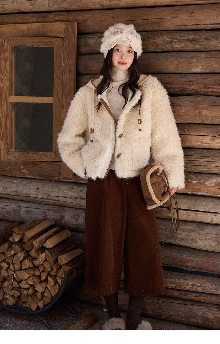 MISHOW Beige Knitted Hooded Plush Coat Warm Windproof MXE86W0908