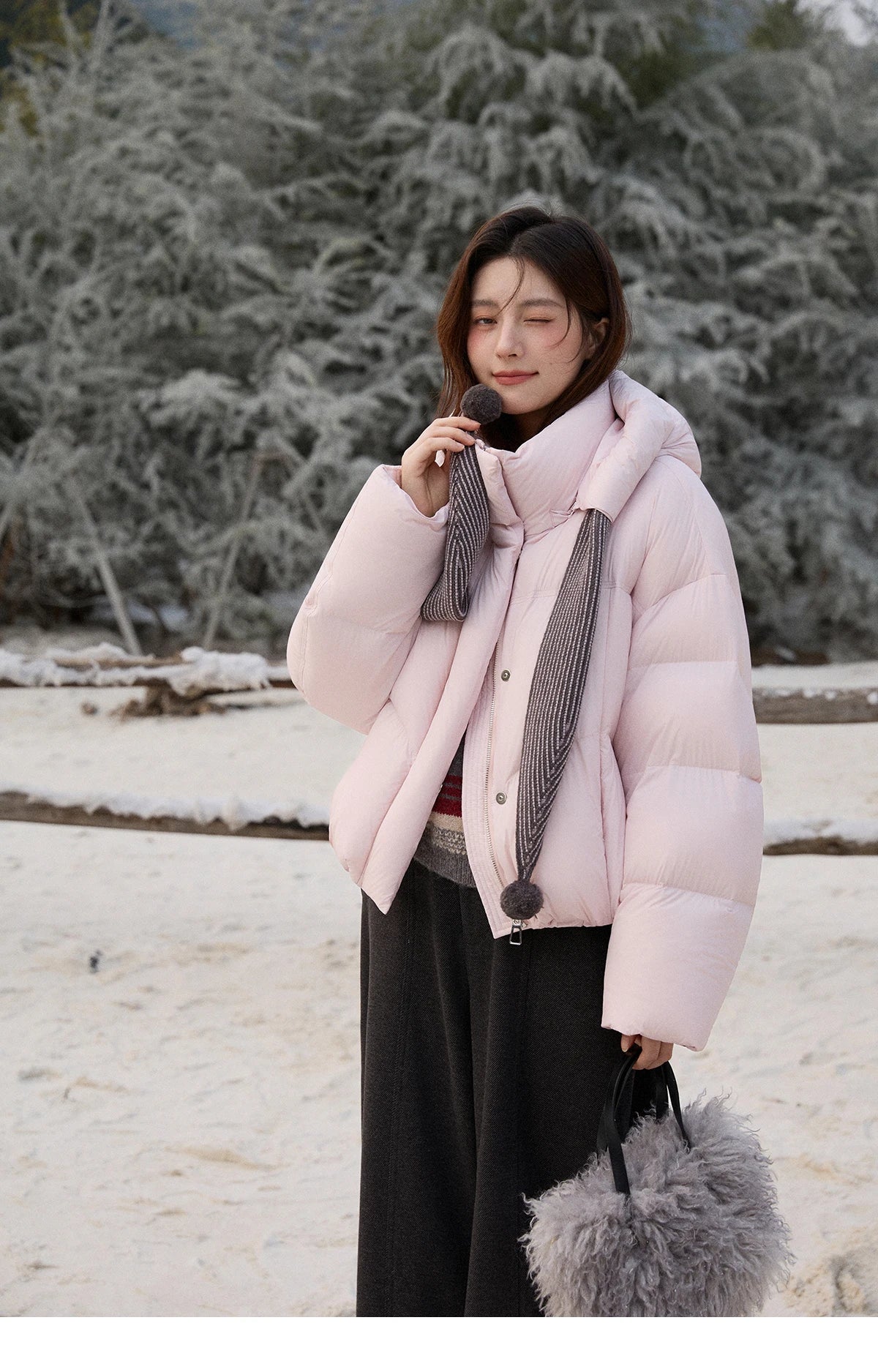 Mishow Pom-Pom Hooded Sweet Down Jacket MXE92Y0088