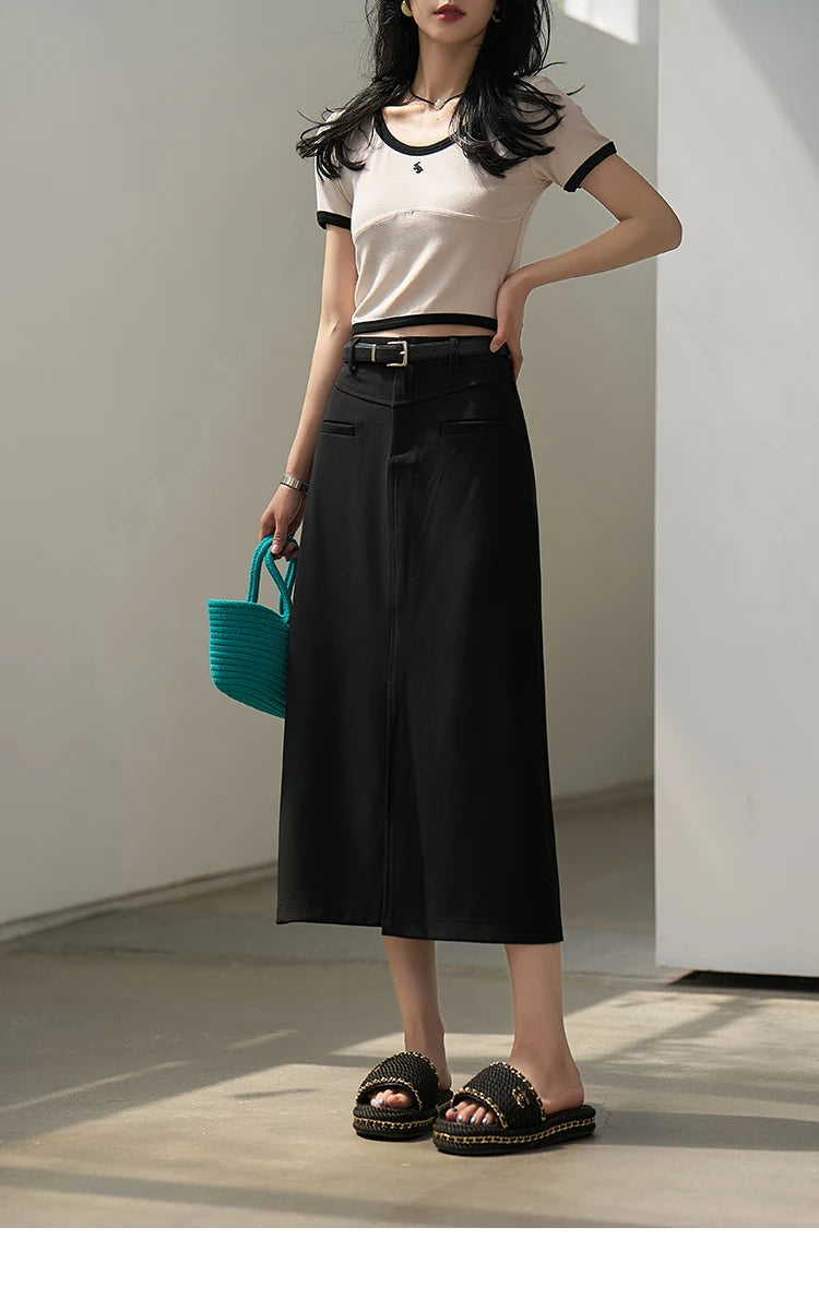 MISHOW Suit Straight Midi Skirt High Waist Slim Front Fork Rear Elastic MXC15B0026