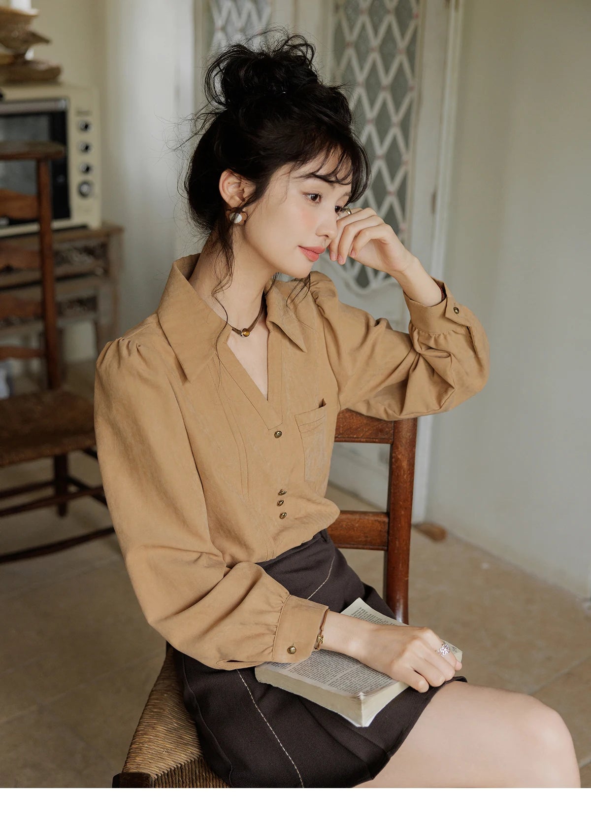 MISHOW French Lapel V-Neck Shirt Retro Button Pockets MXD43C0306