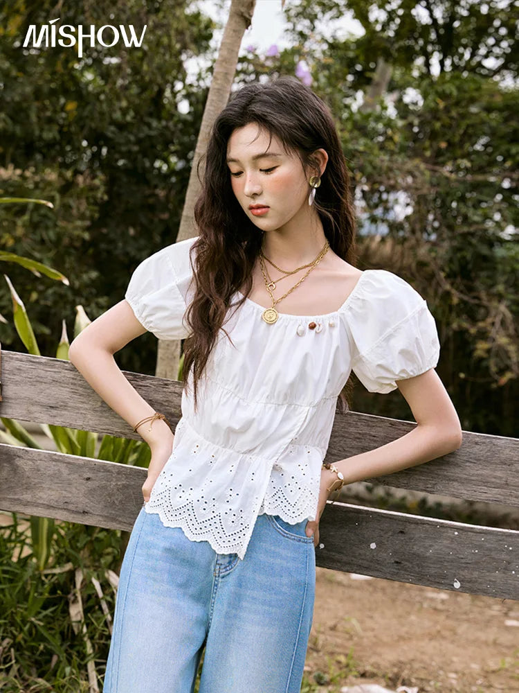 MISHOW Solid Short Puff Sleeve Blouse Hem Hollow Beading MXE33X1776