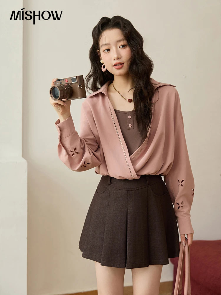 MISHOW Fake Two-piece Blouse Contrasting Color V-Neck MXE45C2403