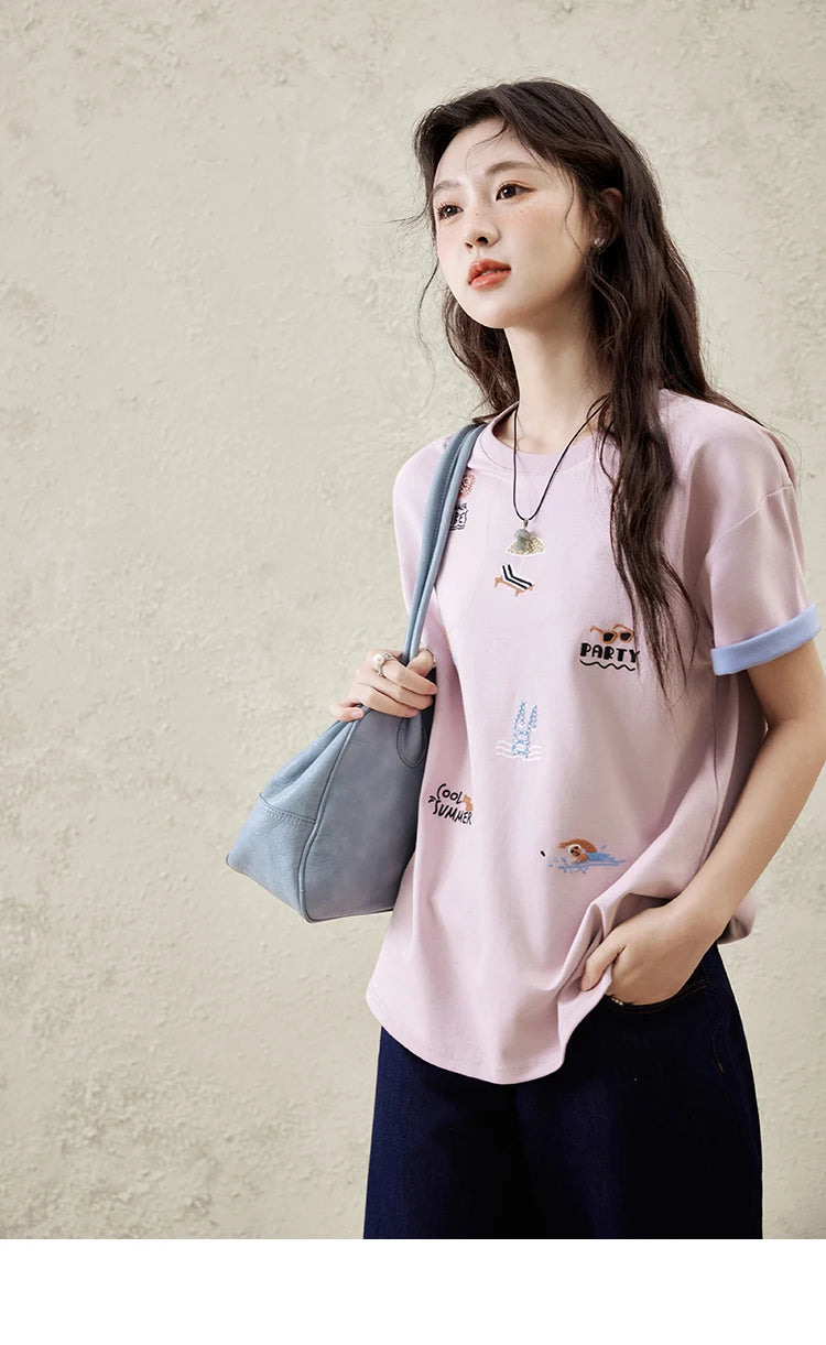 Mishow Embroidered Cartoon Round Neck Tee MXE16T0506