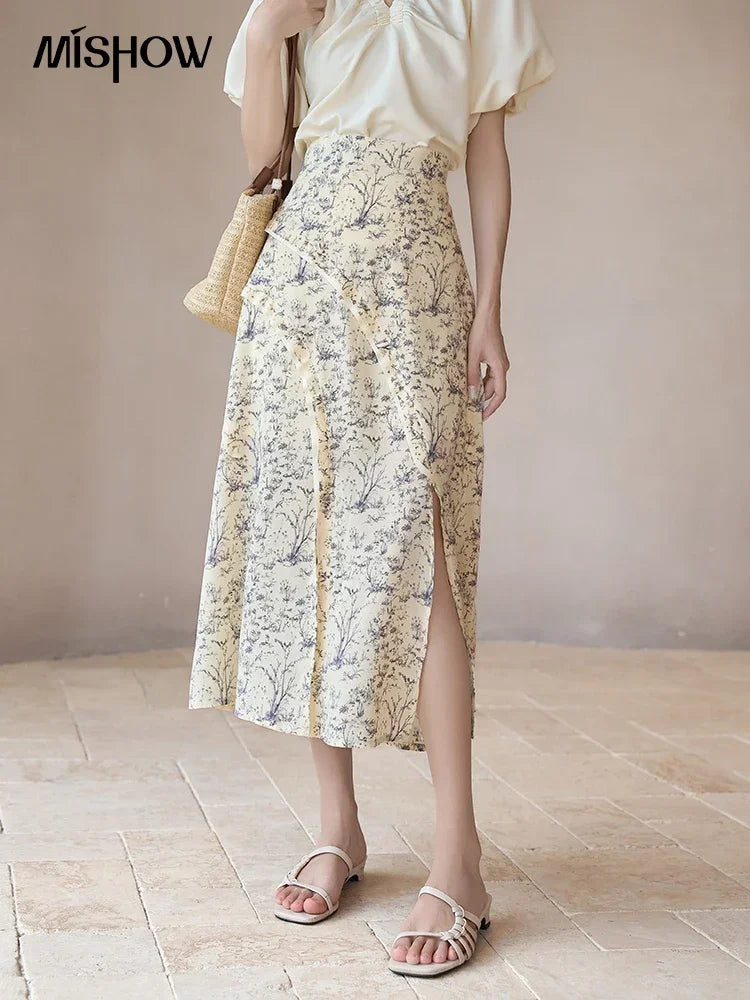 MISHOW Retro Floral Midi Skirt Side Split High Waist Elastic MXC37B0044