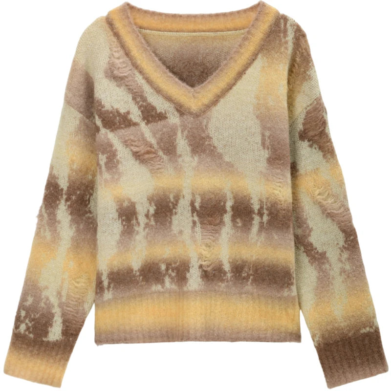 Mishow Yellow Coffee Gradient V-Neck Cable Knit Sweater MXE51Z2627