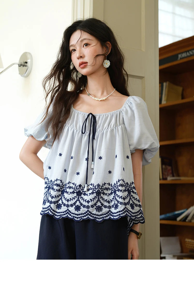 MISHOW Blue Print Blouse Square Neck Lace Up Puff Sleeve MXE36X1799