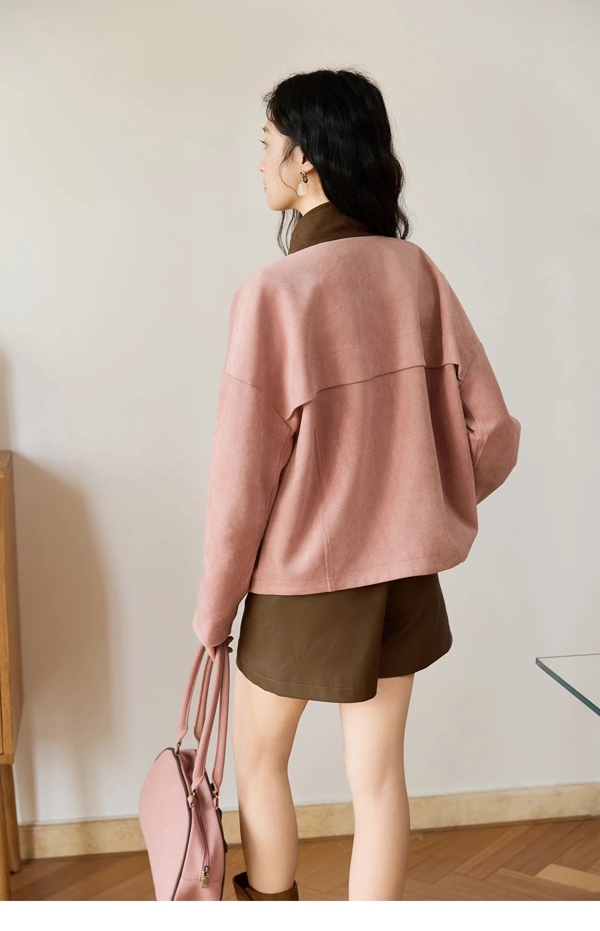 MISHOW Pink Coffee Suede Jacket Stand Collar Contrast Color MXE48W0851